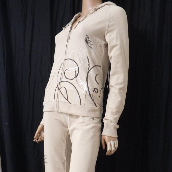 NWT BCBG sz SM LG XL 95% cotton BEIGE & BROWN STUDDED 2 PIECE TRACKSUIT - Picture 1 of 14